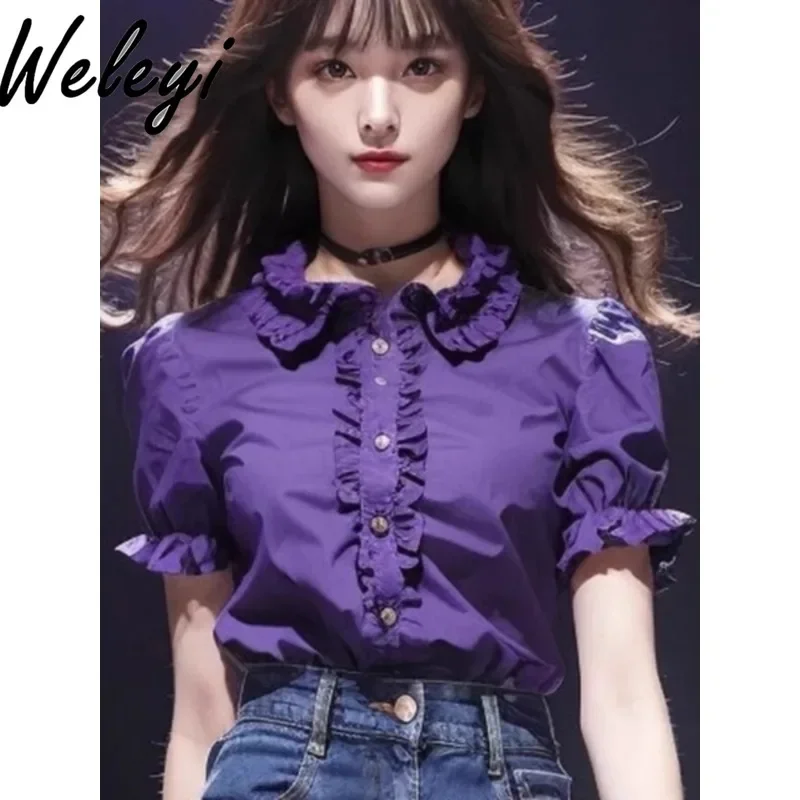 

This Year's Popular Beautiful Shirt 2024 Summer Streetwear New Purple Doll Collar Camisas E Blusas Fashion Versatile Poleras Top