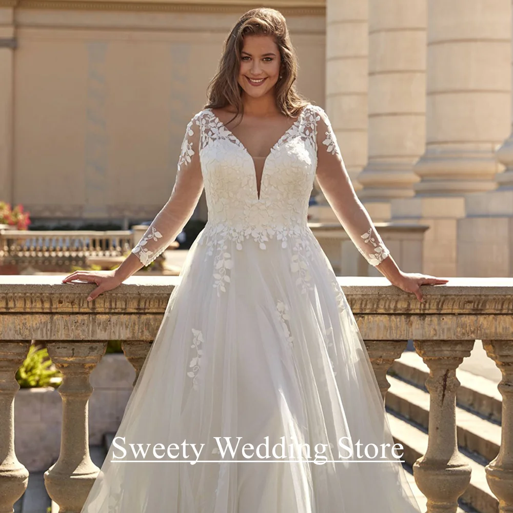 فستان زفاف كلاسيكي مقاس كبير مخصص بياقة على شكل V وأكمام طويلة مزين بقطار سويب فيستدو دي نويفا فستان زفاف نسائي
