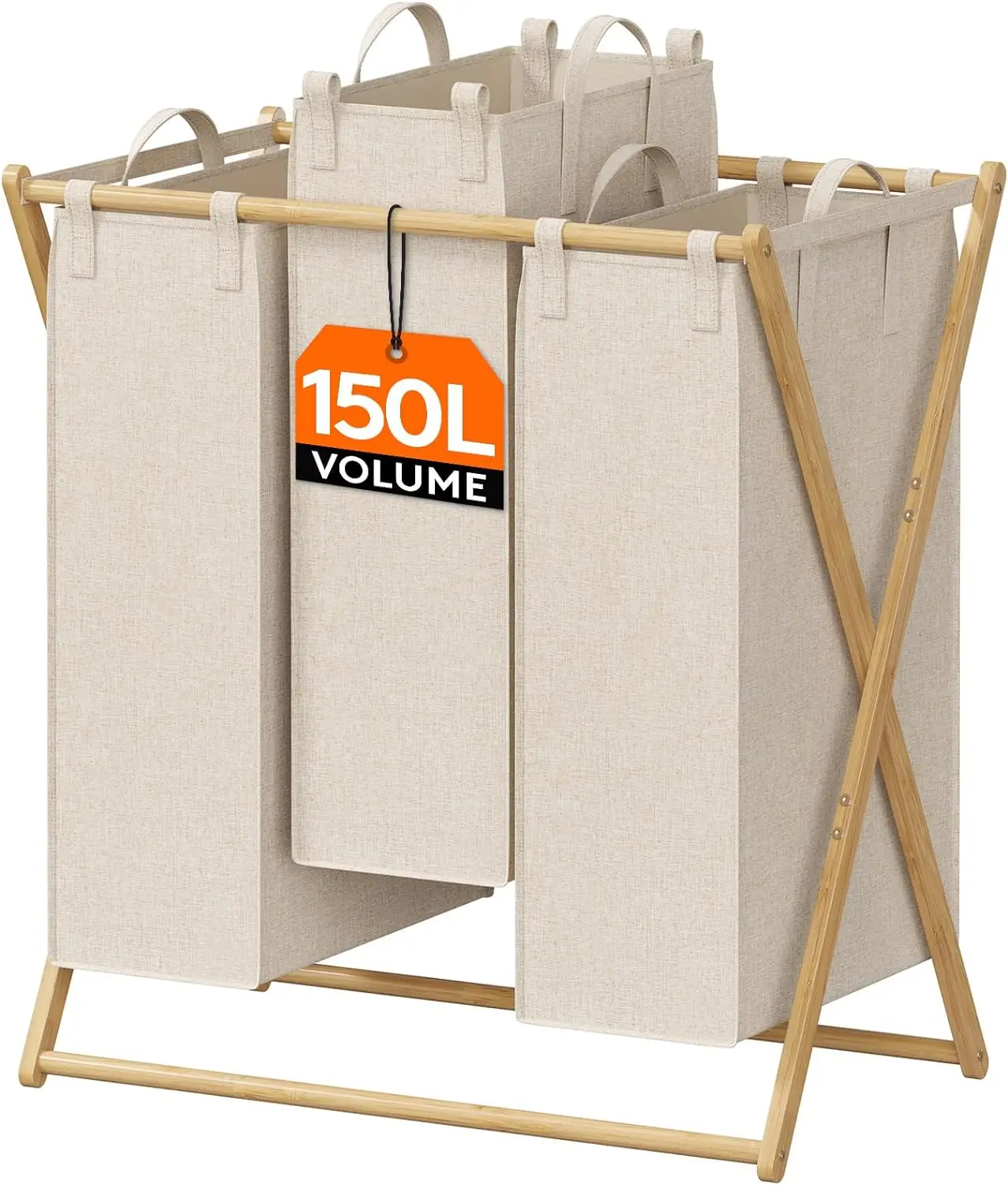 

！@Combohome X-Shape Bamboo Frame Laundry Basket 3 Compartments Collapsible Laundry Bag Dirty Laundry Sorter Basket Hamper