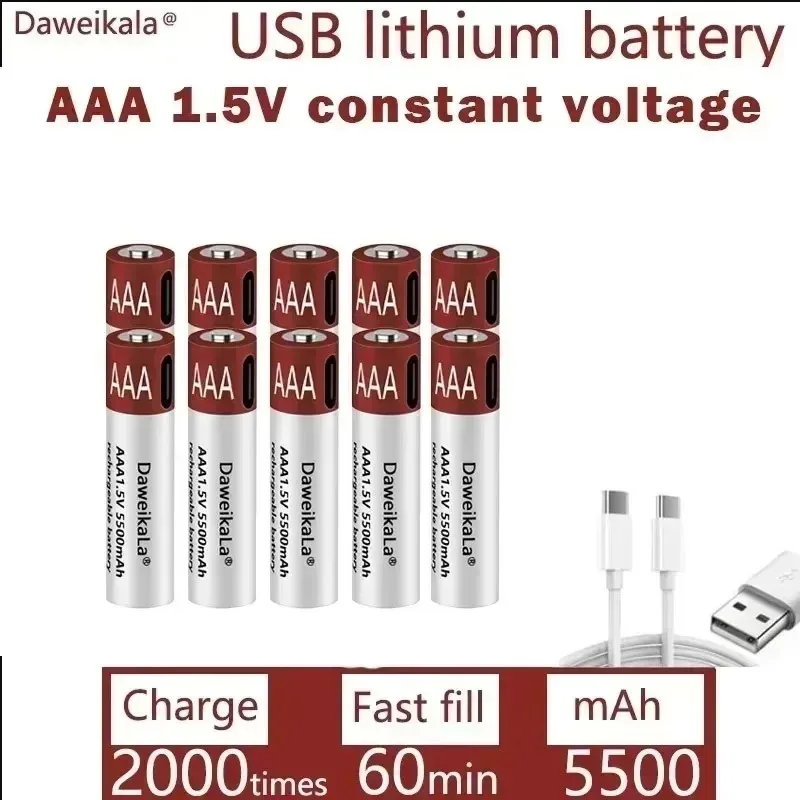 

2025Новые аккумуляторные батареи USB AAA, 1,5 В, 5500 мАч, литий-ионная батарея для мыши с дистанционным управлением, электрическая игрушечная батарея + кабель Type-C