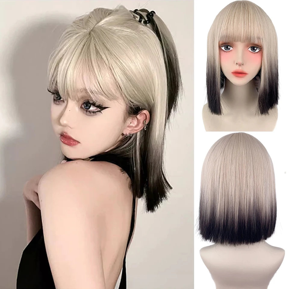 EASTSECRET Paris Painted Short Straight Hair Wig For Women Platinum Gradient Black Lolita Halloween Shoulder-length Short Hair