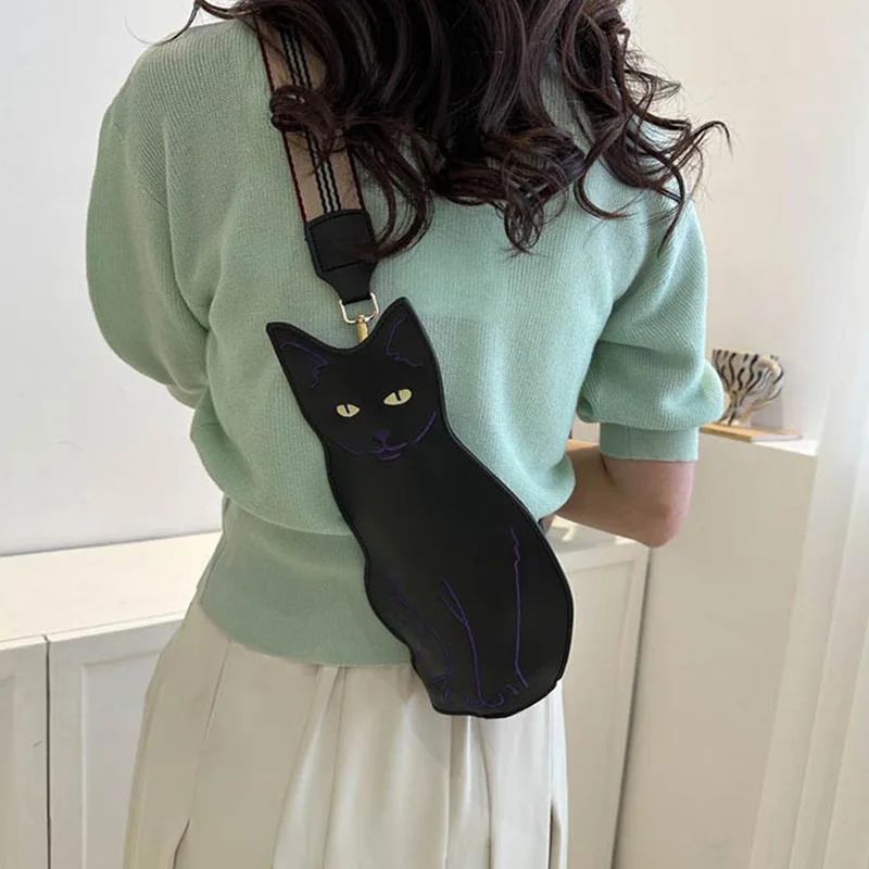 New Designer Black Cat Print Lady Breast Bag Cross Bags PU Leather Korean Style Shoulder Bag with Wide Shoulder Strap Fashion