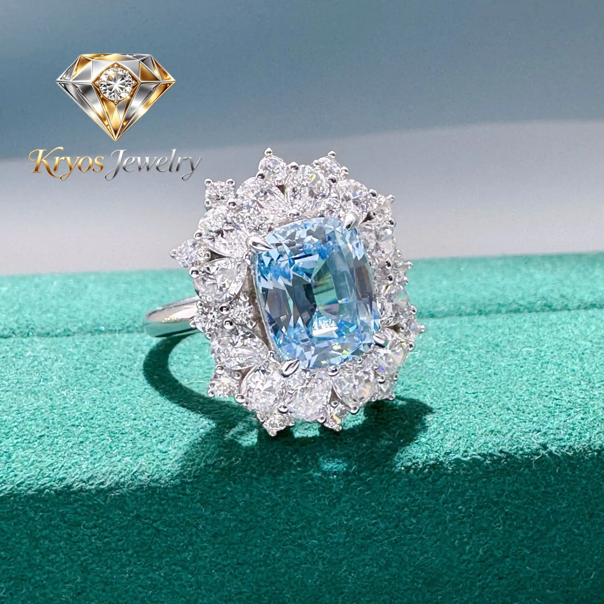 

Kryos Jewelry 4ct Aquamarine Moissanite Ring for Women, PT950 Platinum Setting, Clear Hue & Dazzling Shine, Versatile