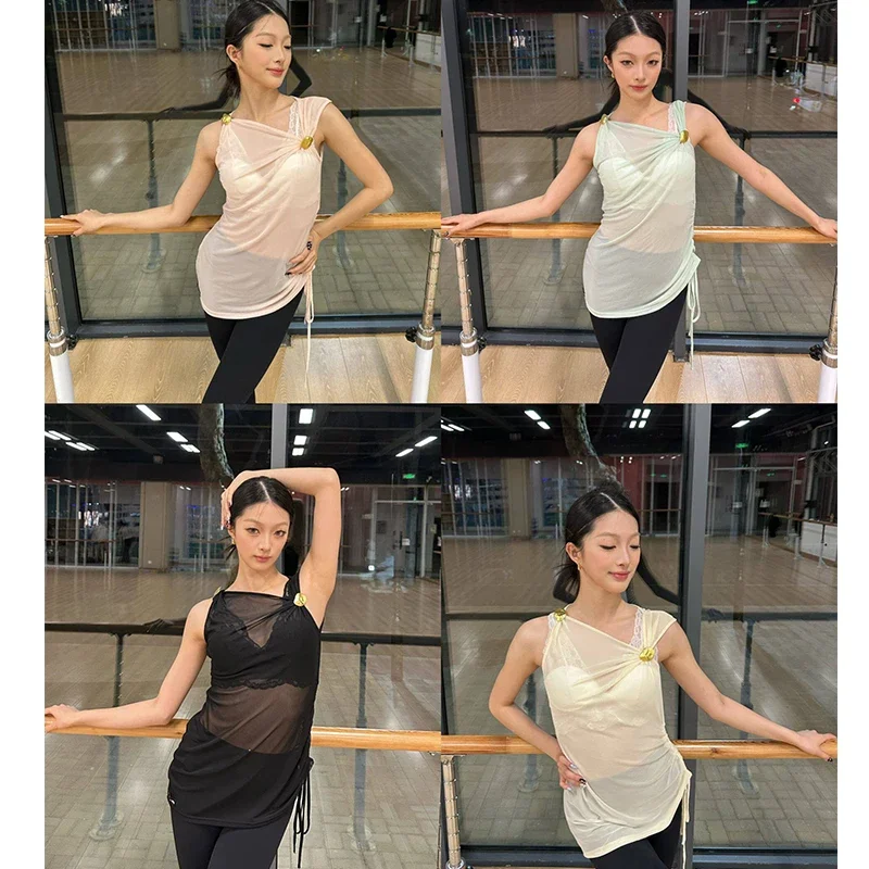 

Summer Latin Dance Clothes Women Sexy Mesh Tops Sleeveless Practice Clothing Rumba Cha Cha Dance Wear Adult Dance Vest DNV26280