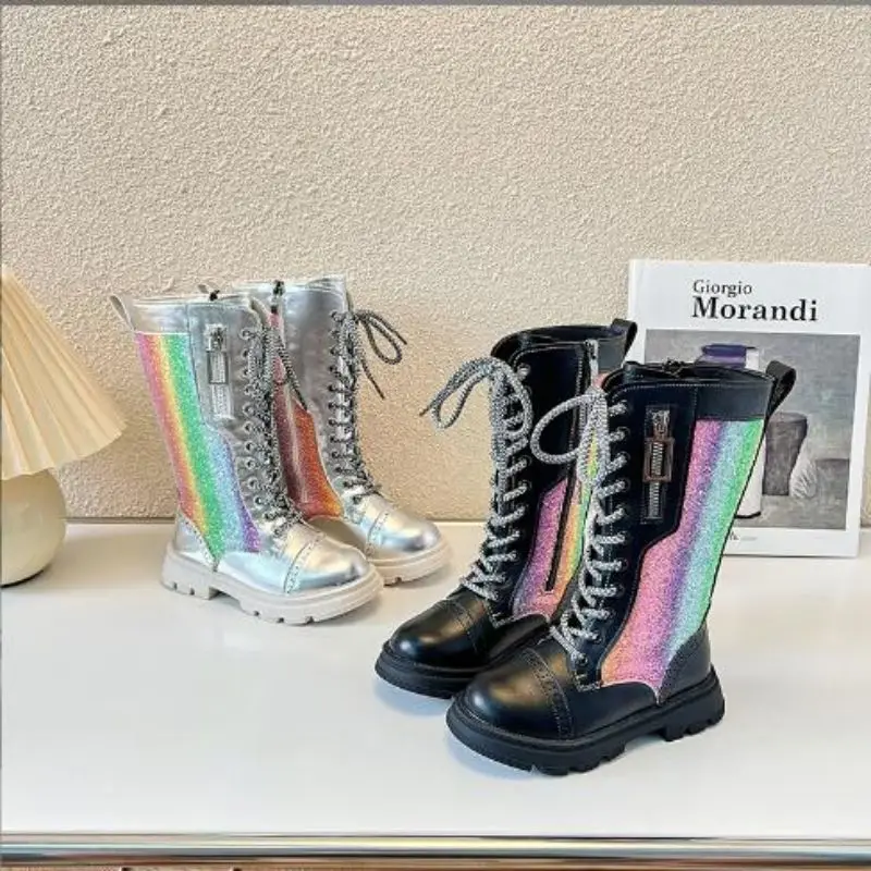 Girls' Boots 2024 Autumn/Winter New Children's High Sleeve Boots Little Girls' Plush Colorful Gradient High Sleeve Leather Boots