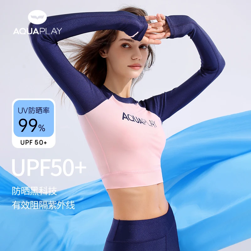 

AquaPlay 2025 New Pink Patchwork Swimsuit Summer Women Sport Swimwear Fitness Beach UPF50+ Rash Guard Long Sleeve Surfing Suit