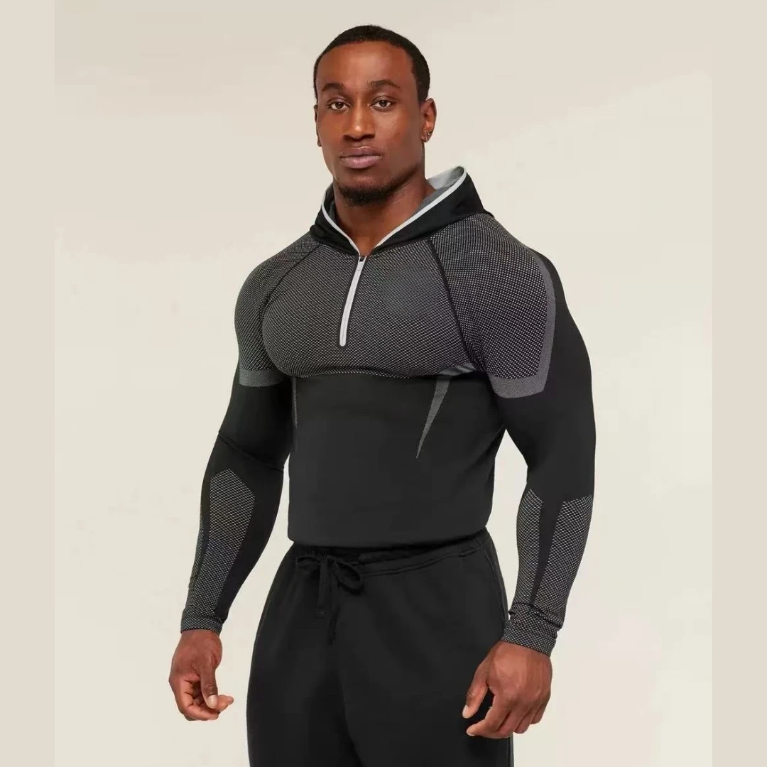 SHARK nieuwe fitness herenbasisshirt met lange mouwen en capuchon GYM ONYX5.0 agaat hoge elasticiteit T-shirt fitnesspak