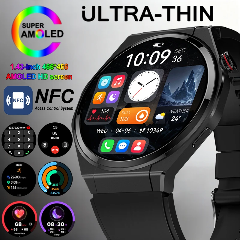 

New Ultra Thin Smart Watch Men Woman AMOLED 150+Sports Always Show Time Bluetooth Call NFC IP68 Waterproof GPS Track Smart Watch