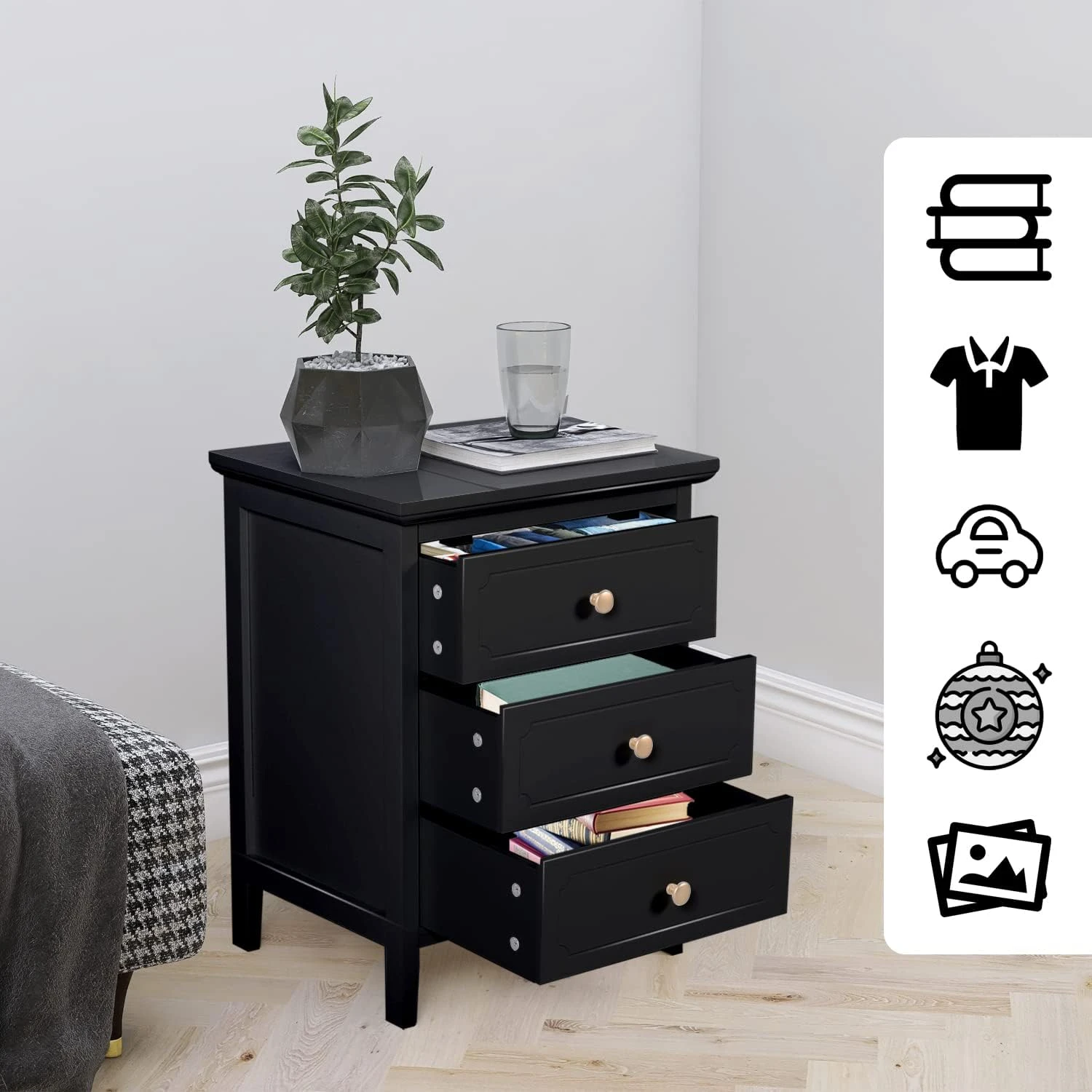 

3 Drawer Nightstand Black Large Night Stands with Drawer 19 Inch Modern Bedside for Bedrooms Wooden Modern accent chair Fabric