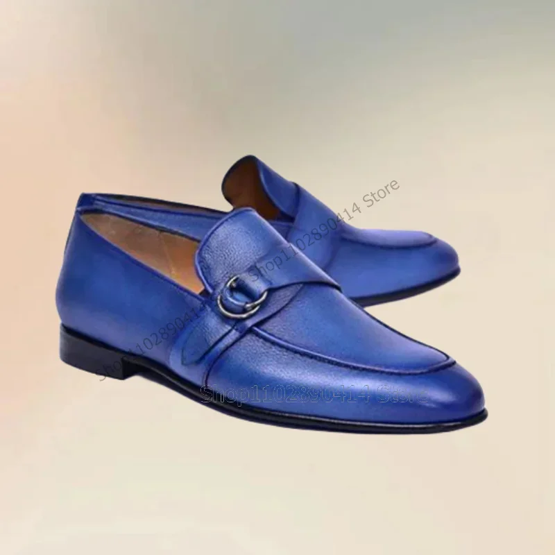

Blue Sewing Design Buckle Decor Men Loafers Fashion Slip On Men Shoes Luxurious Handmade Party Banquet Office Men Dress Shoes
