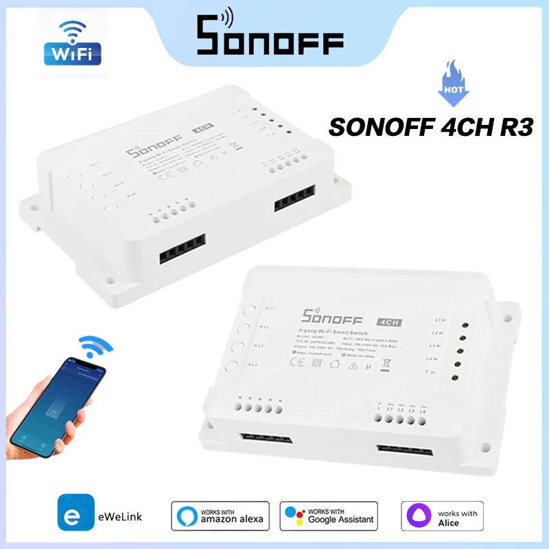 SONOFF 4CH R3 Wifi Switch 4 Gang DIY Smart Switch Via Ewelink APP Remote Switch Wireless Smart HomeWorks With Alexa Goole Home