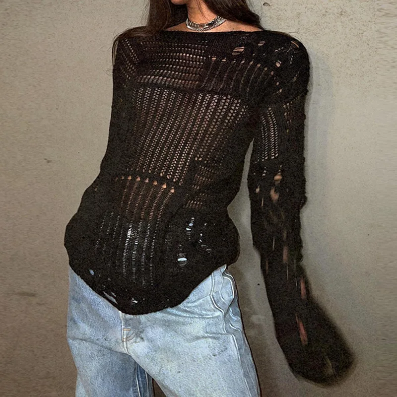 

Subculture Early Autumn Street Personality Design Decadent Punk Perforated Loose Long Sleeved Knitted Sweater