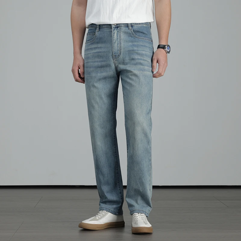 

Mulberry Silk tech Jeans Men High Waist Loose Straight Leg Denim Pants Cooling Deodorizing Lightweight Summer Trousers