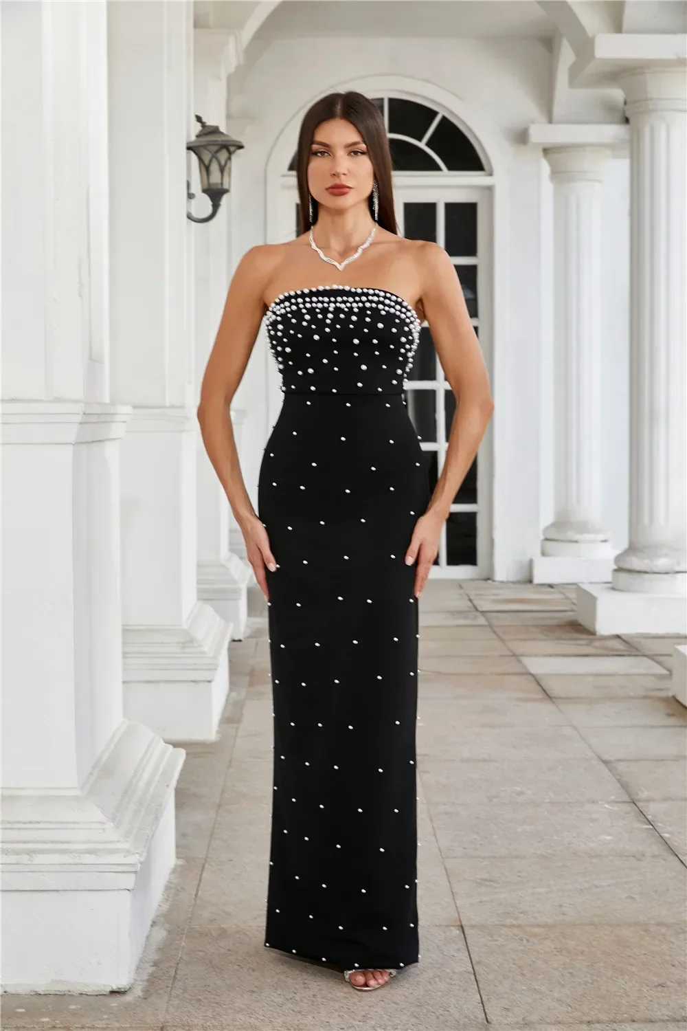 

Women Luxury Party Dress Elegant Black Peal Embroidery Maxi Long One Piece Celebrity Evening Gowns Korean Fashion Gala Dress