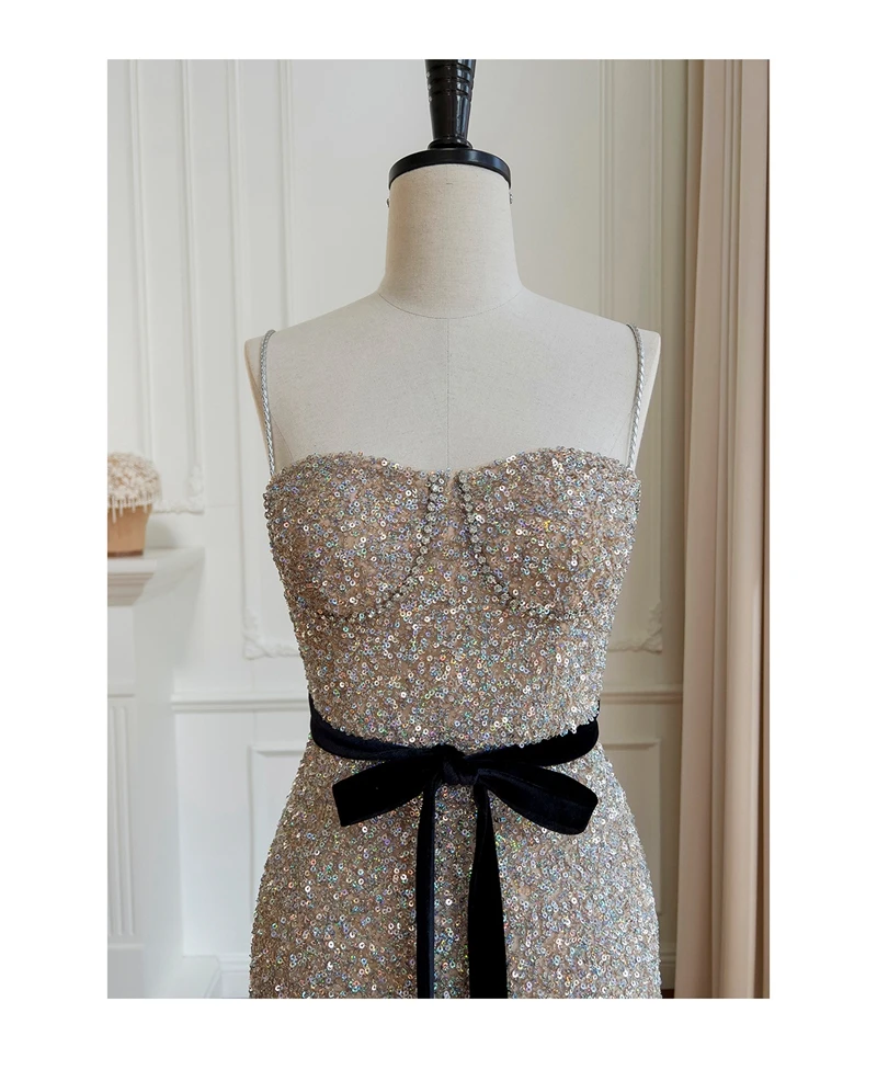 Lingzhi-Wu-elegant dress with golden sequins, slim and slim, new arrival, top quality, for women