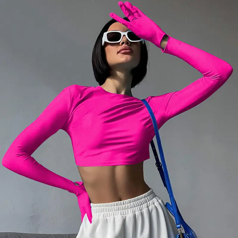 New Style Bright Street Shooting Cotton T Shirt Crop Top Long Sleeve With Gloves 2023 Summer Sexy Women T-Shirt Skinny Solid