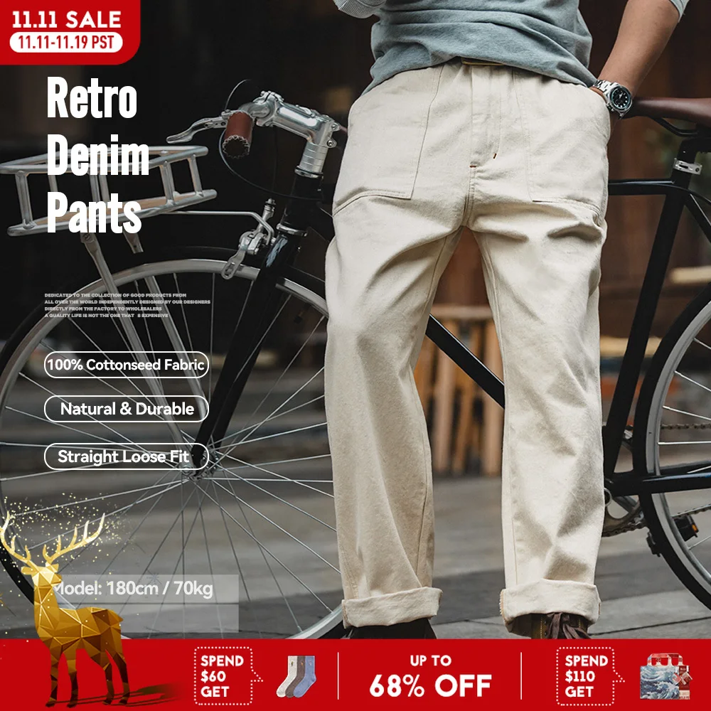 Maden Vintage 11,2 унции белые хлопковые джинсы с корпусом, повседневные свободные прямые брюки для мужчин, весенние и осенние брюки-карго в стиле чино