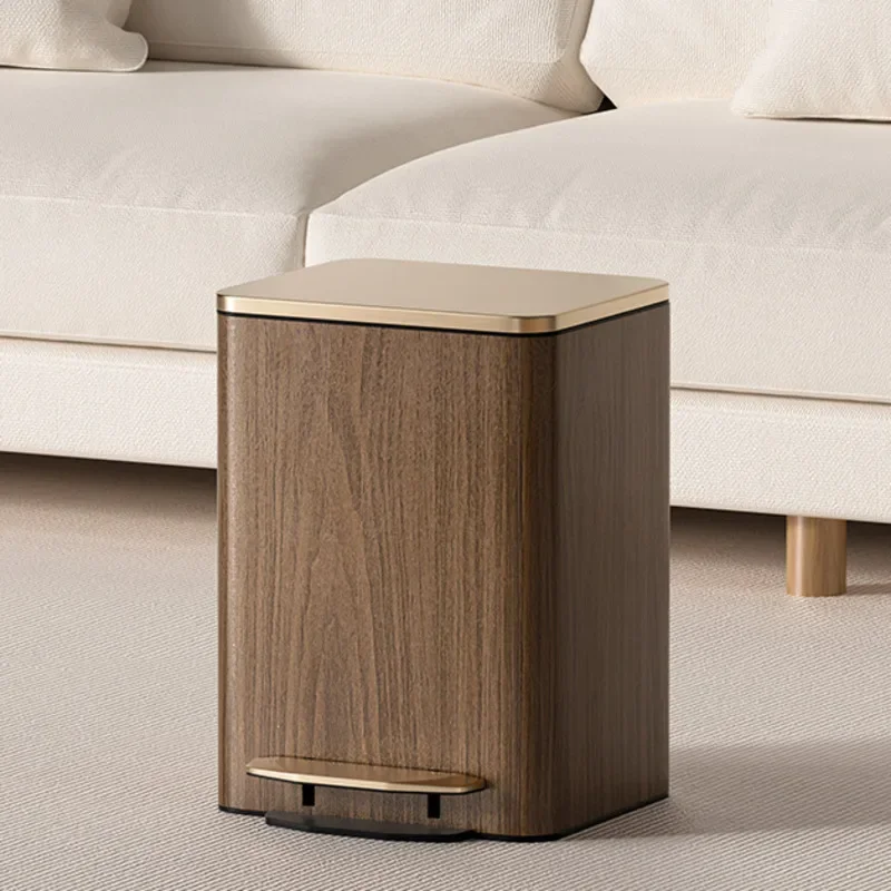 Home Stainless Steel Foot Trash Bin Wood Grain Light Luxury Garbage Tin For Bathroom Simple Living Room Bedroom Waste Disposer