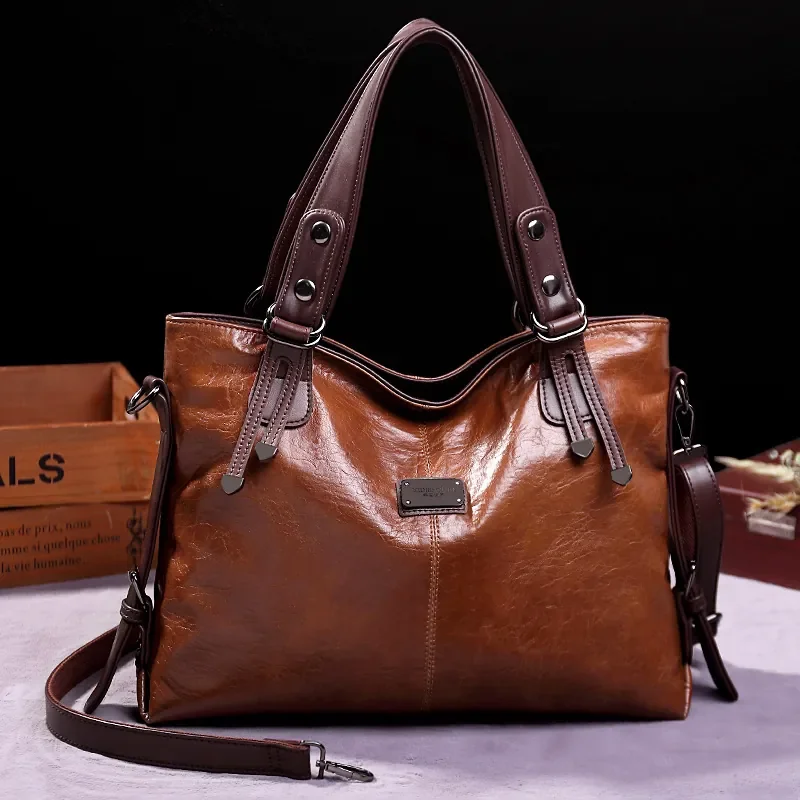 

Large Capacity Vintage Brown Oil Wax Leather Tote Bag Women Large Capacity Shoulder Crossbody Bag With Detachable Strap