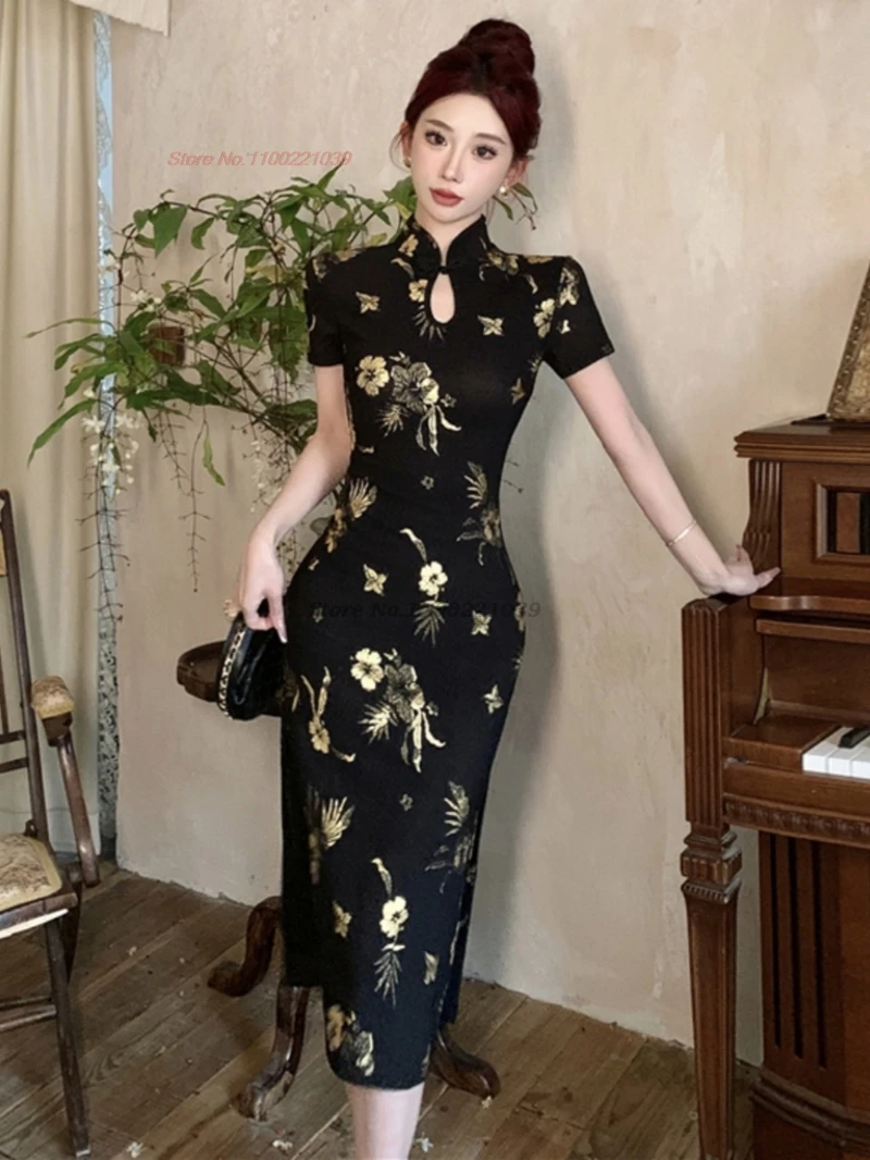 

2026 chinese sexy cheongsam improved qipao dress vintage foil printing evening dress traditional banquet nightclub dress qipao