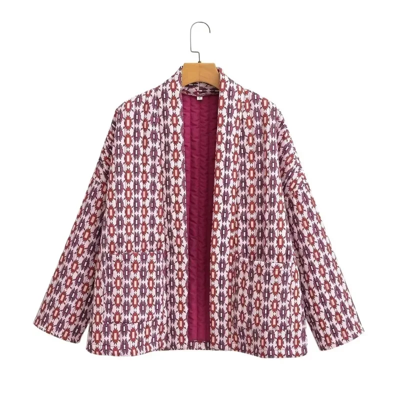 New Women's Buttonless Pocket Long Sleeved Cotton Jacket, Fashionable and Casual Short Style, Elegant Printed Thin Cotton Jacket