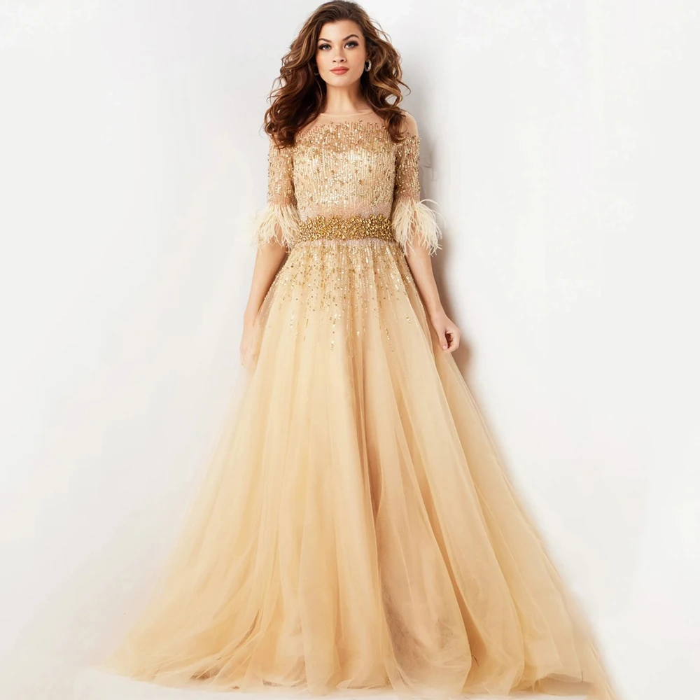

Dream Gold High Quality Classic Evening Dresses Tulle for Floor-Length O-Neck Prom Dress Sequin A-line Feathers Customized
