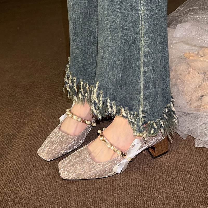 

2025 г., свадебные туфли на высоком каблуке с блочным каблуком, женские туфли для подружки невесты с французскими тонкими блестящими кристаллами