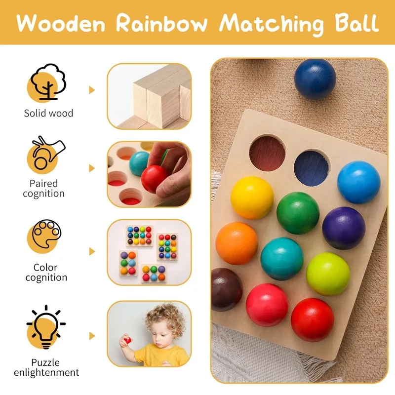 Wooden Montessori Toys for Kids Early Education Preschool Toy Rainbow Ball Matching Sensory Game Color Cognitive Sorting Board