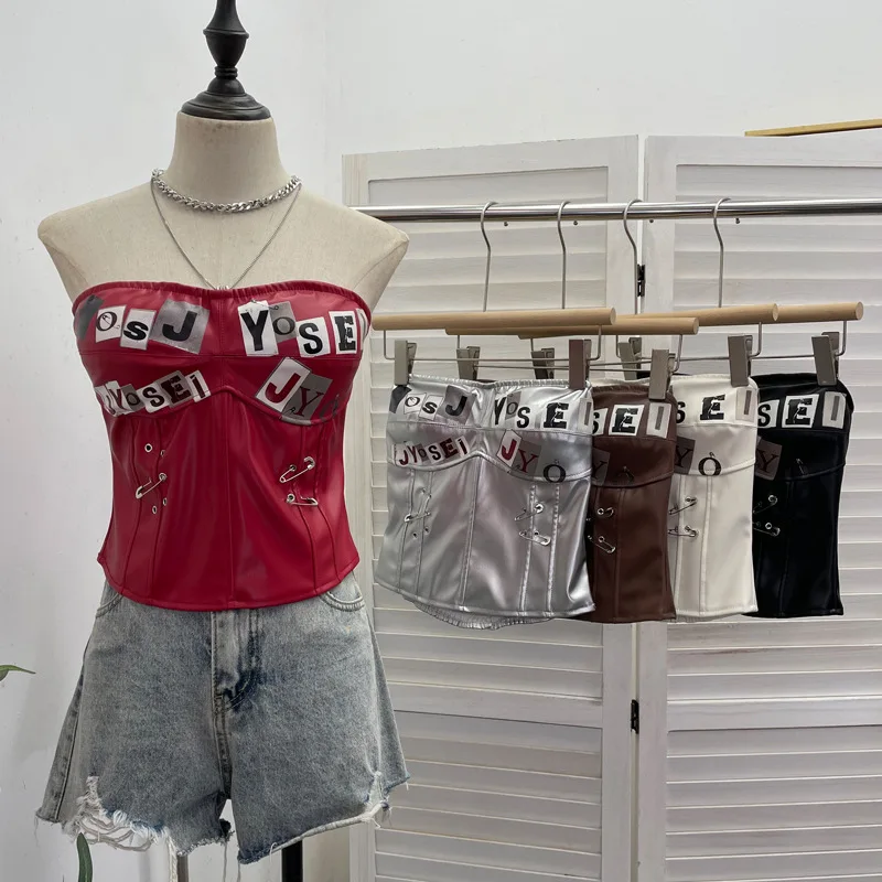 

Punk Printed Pu Leather Belt Strapless Tube Top Vest Y2k Short Womens Tops