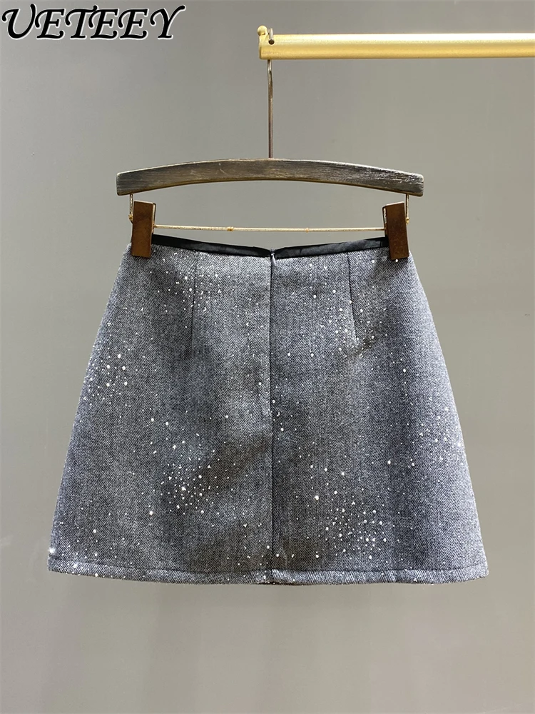 Autumn and Winter New Shiny Short Skirt Women's Fashion Hot Diamond Age Reduction A-line Versatile Hip Wrap Mini Skirts