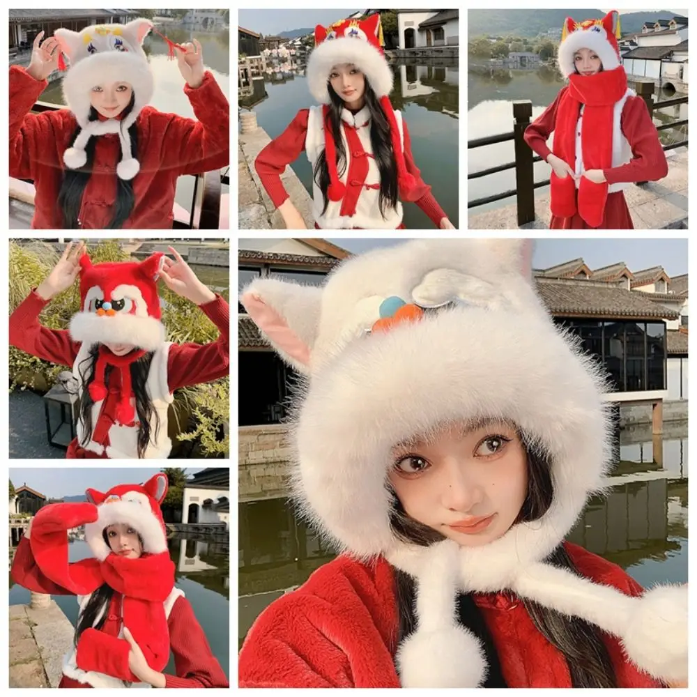 يفشل الأذن الأسد الرقص قبعة صغيرة الدانتيل يصل سميكة الشتاء أفخم قبعة تدفئة النمط الصيني لينة السنة الجديدة البلوز قبعة الإناث/الفتيات