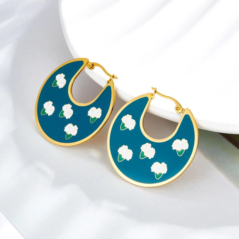 LUXUKISSKIDS Unique Trendy Woman\'s Hoops Earrings Blue Acrylic Green Purple Earrings Hyperbole Jewelry Floral Circles Earrings