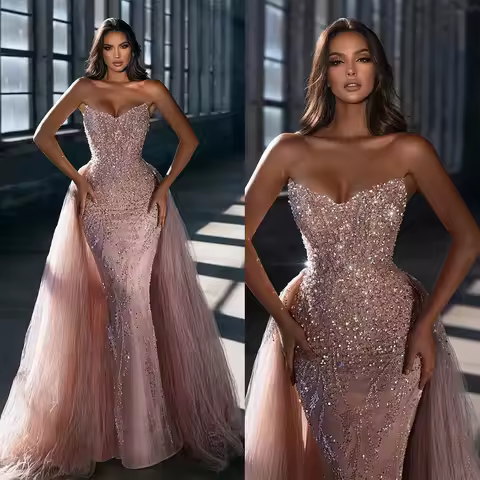 Sparking Prom Dresses Off Shoulder Sequins Sleeveless Evening Dress With Tulle Overskirt Floor Length Celebrity Party Gown