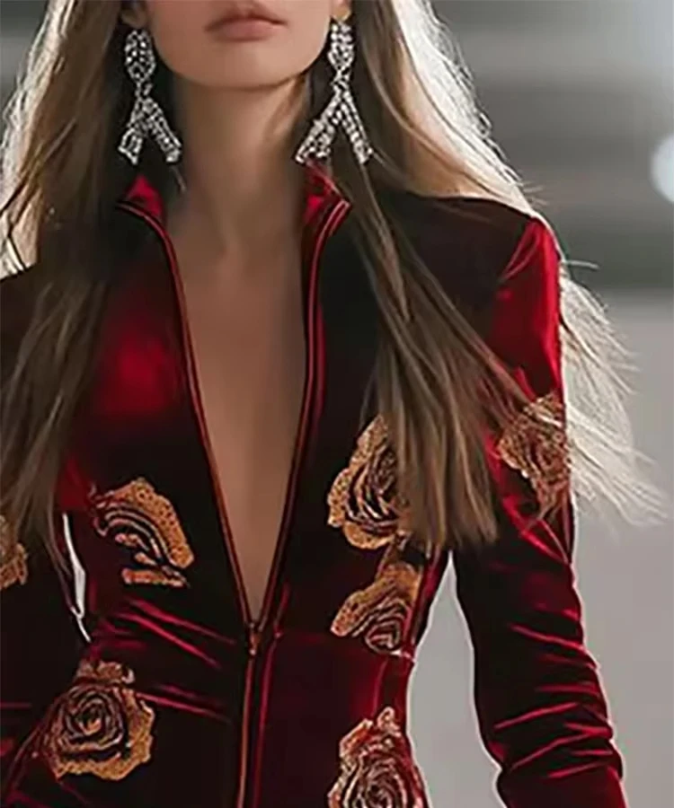 

Elegant Velvet Zipper Jumpsuits For Women Floral Printed Decor Long Sleeve Jumpsuit Romper Outfits 2025 Autumn Female Chic Suits