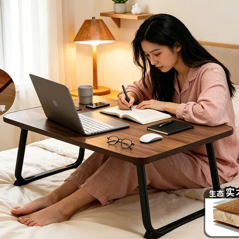 Solid Wood Foldable Laptop Desk for Bed, Large Portable Dorm Study Table, Adjustable Height for Window Sill & Lazy Users