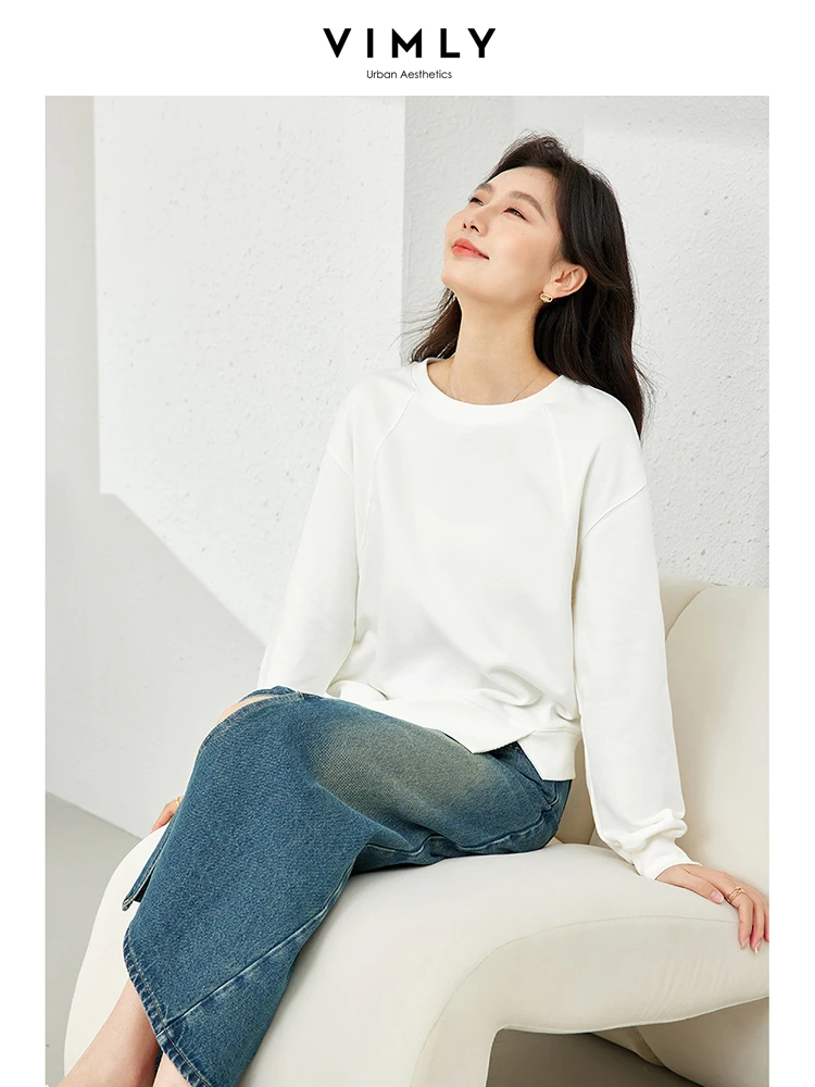 Vimly Lazy Style O-neck Women's Sweatshirt 2024 Spring New Split Loose Long Sleeve Tops for Woman White Cotton Pullovers M5839