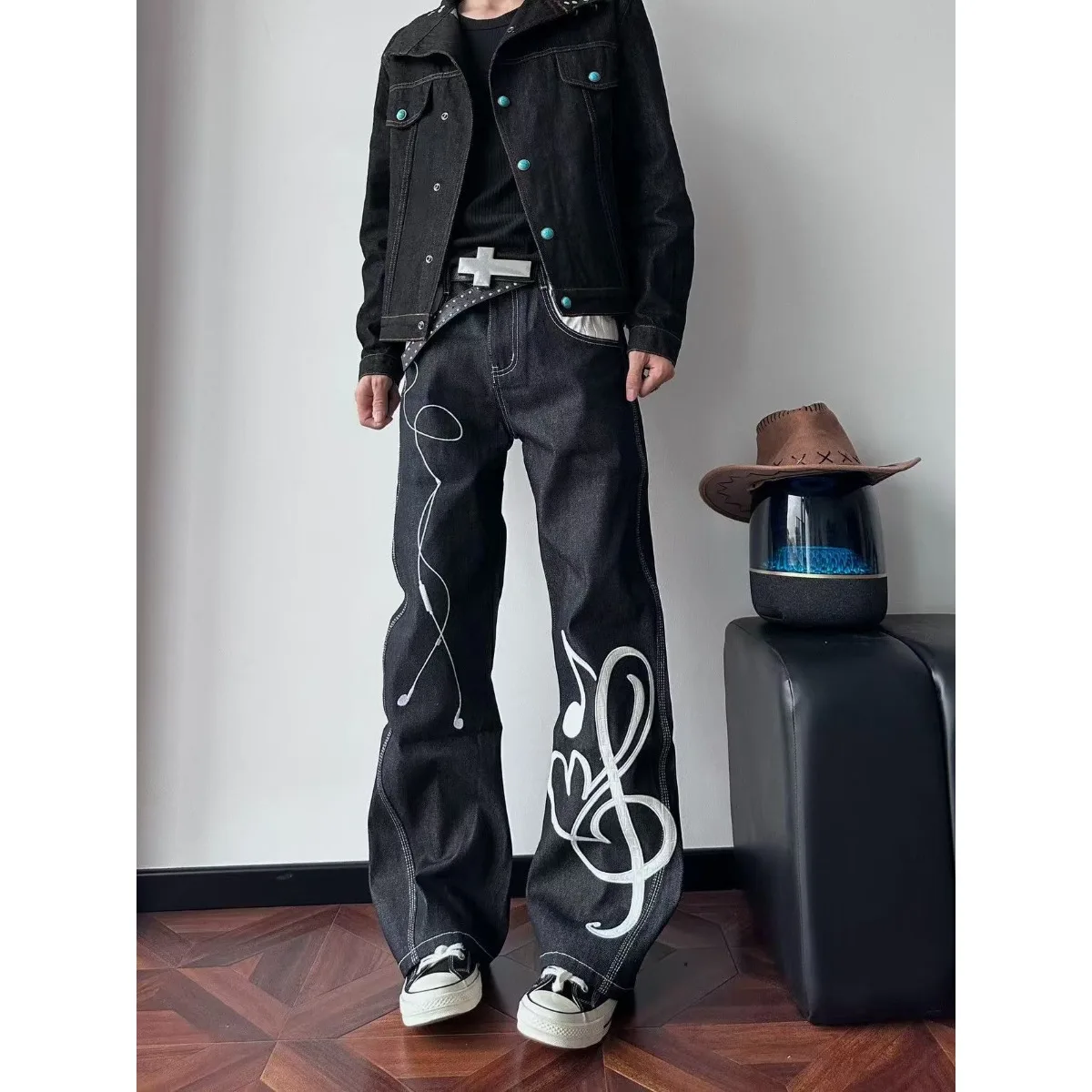 Retro American Embroidered Denim Jeans Casual Straight Leg Loose Fit Slimming Men Women Autumn New Style Trendy Long Pants