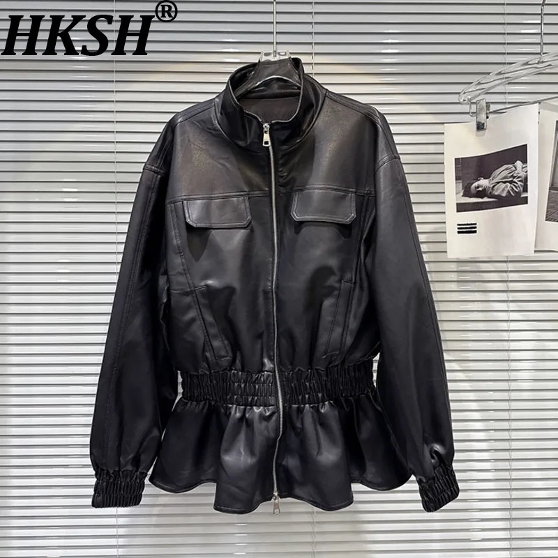

HKSH Spring Autumn New Women Jacket Stand Collar Zipper Waist Cinching Pleated Mid-Length PU Leather Coat Streetwear Y2K HK12014