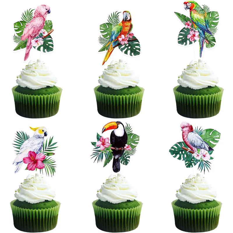 12Pcs Tropical Birds Toucans Cupcake Toppers Palm Leaves Parrot Cake Picks Decor for Aloha Hawaiian Luau Birthday Party Supplies