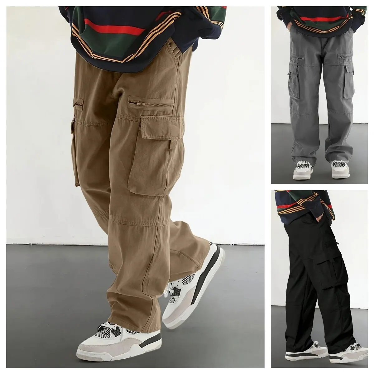 Spring and Autumn new fashion solid color outdoor sports hiking multi-pocket cargo pants men's casual loose plus size long pants