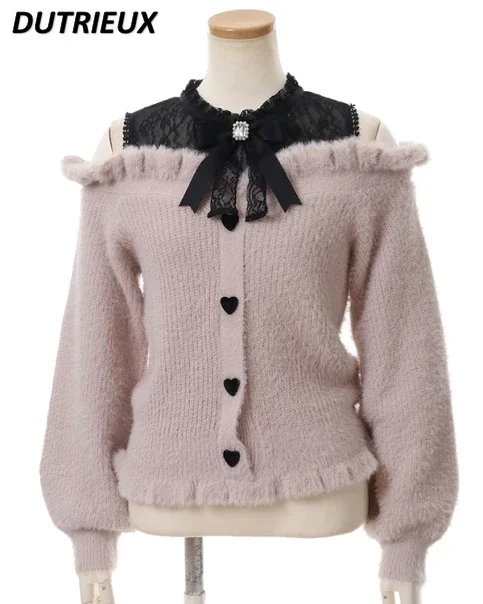 

Sweet Lolita Winter Clothes Women Off Shoulder Sweater Pullover Student Elegant Long Sleeve Knitwear Bow Lace Waist Slim Sweater