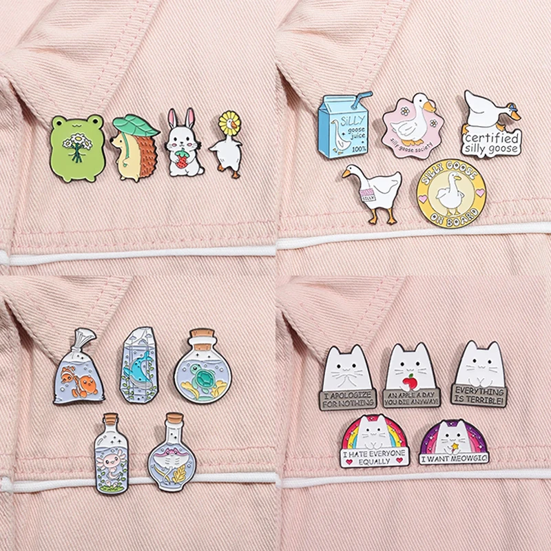 2-6pcs Cartoon Animal Enamel Pins Sets Cute Dogtor Cat Frog Capybara Cappy Goose Brooches Lapel Badge Jewelry Gift For Friends