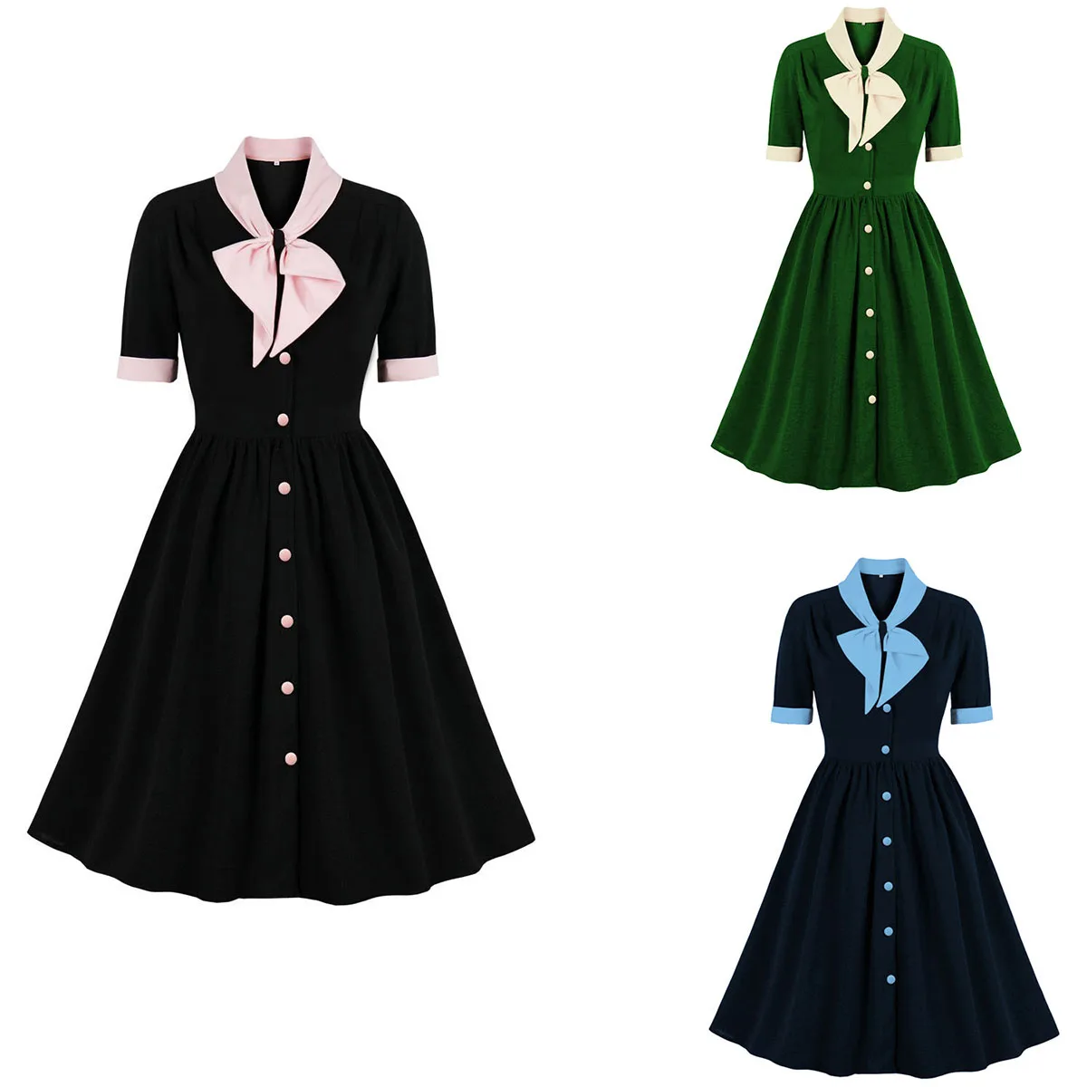 Women Vintage Bow Solid Dress Retro Rockabilly Elegant Cocktail Party 1950s 40s Swing Dress Summer Dress Short Sleeves