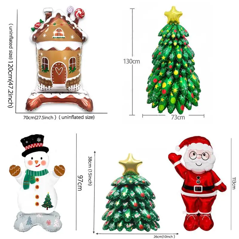 Neuer großer 3D-Weihnachtsbaum mit goldenem Hirsch, Weihnachtsmann, Schneemann, Walnuss, Ornamente, glänzende Aluminiumfolienballons, Weihnachtsparty-Dekoration