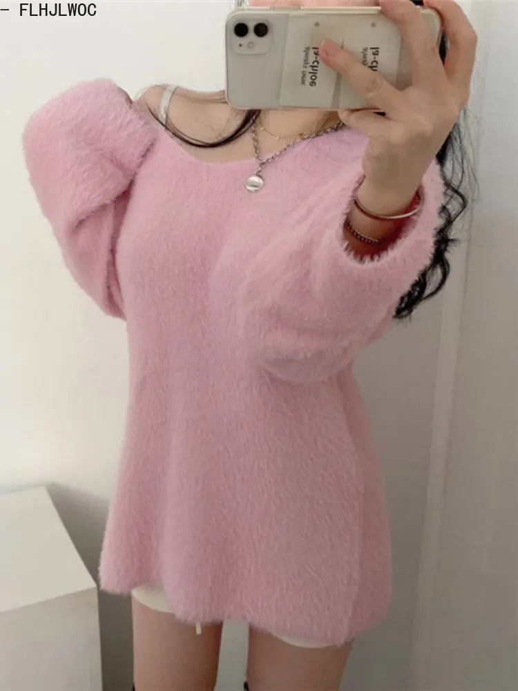 Solto preguiçoso rosa blusas primavera inverno manga longa casual confortável malha v pescoço pullovers jumpers