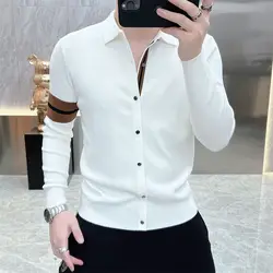 Spring Fashion New Luxury Men Shirts England Style Long Sleeve Slim Casual Business Contrast Color Ingle-breasted All-match Tops