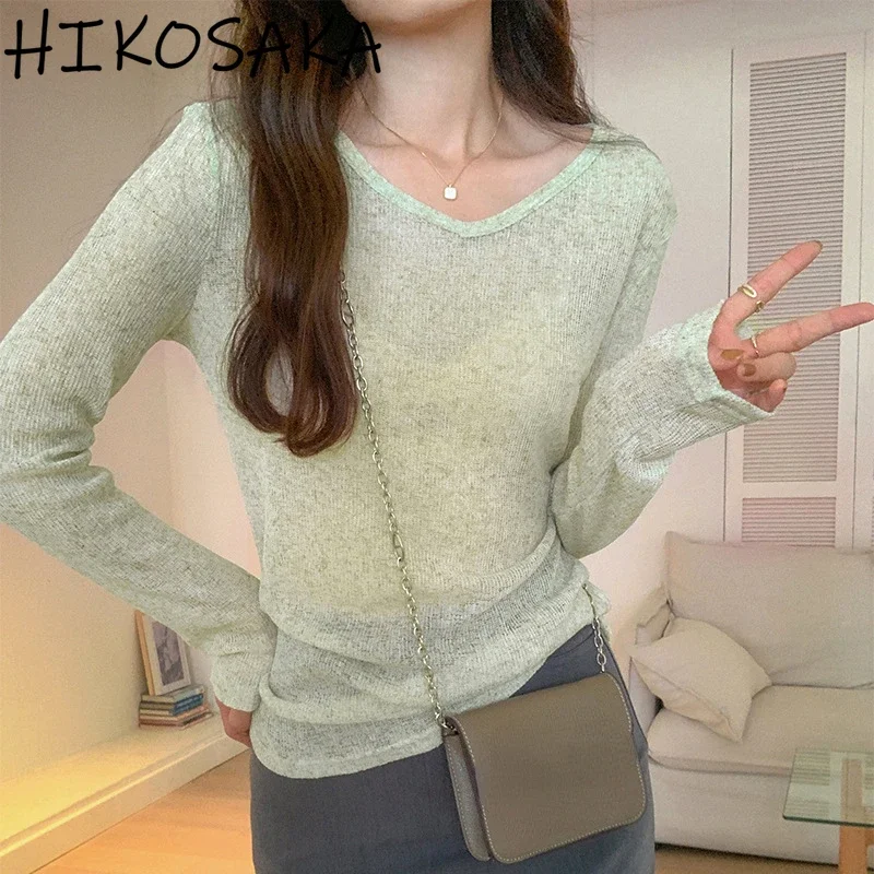 

Микропрозрачные джемперы с v-образным вырезом и длинными рукавами, облегающий темпераментный элегантный пуловер, топ 2024, новые эстетические милые футболки Y2k