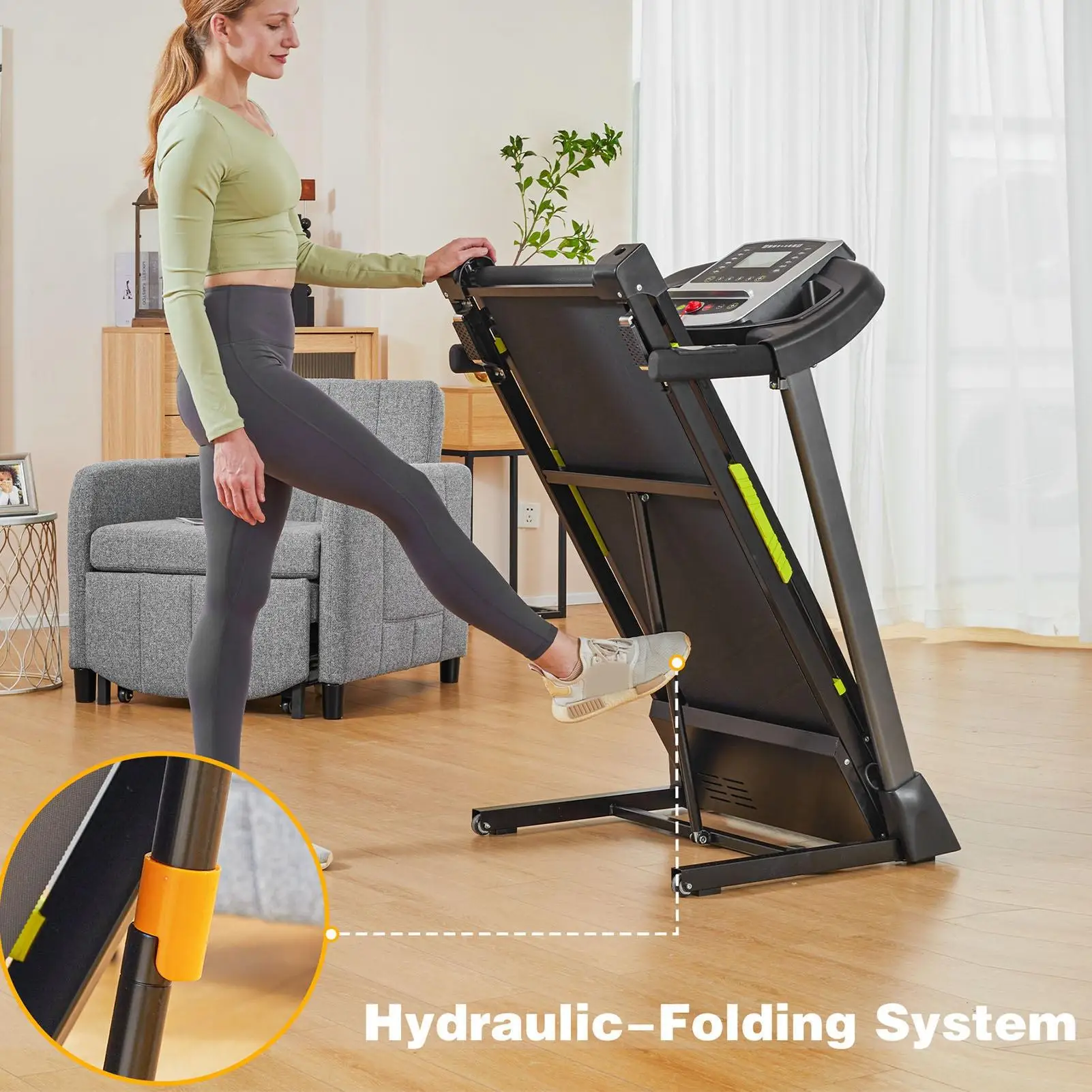 جهاز سير محمول قابل للطي بقوة 3.5 حصان، 15% أوتوماتيكيًا، سعة 330 رطل، 0.5-7.5 ميلا في الساعة مع مقابض