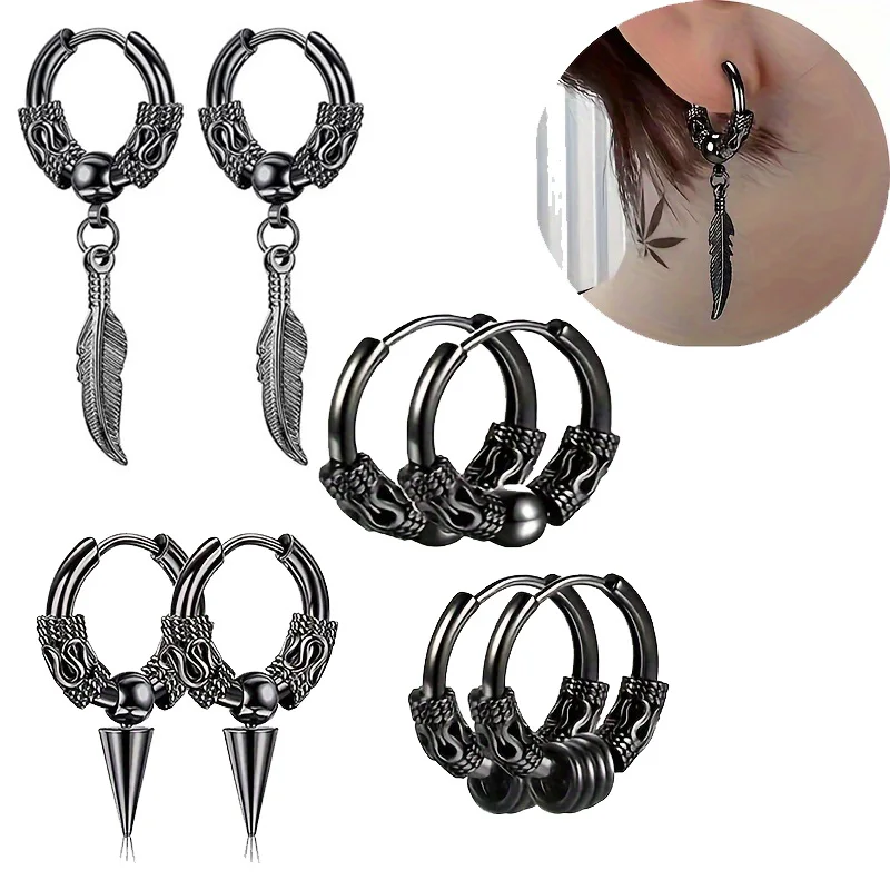 1-4 Pairs Vintage Hip Hop Punk Stainless Steel Men's Women's Dragon Totem Ball Cone Feather Hoop Earrings for Holiday Party Gift