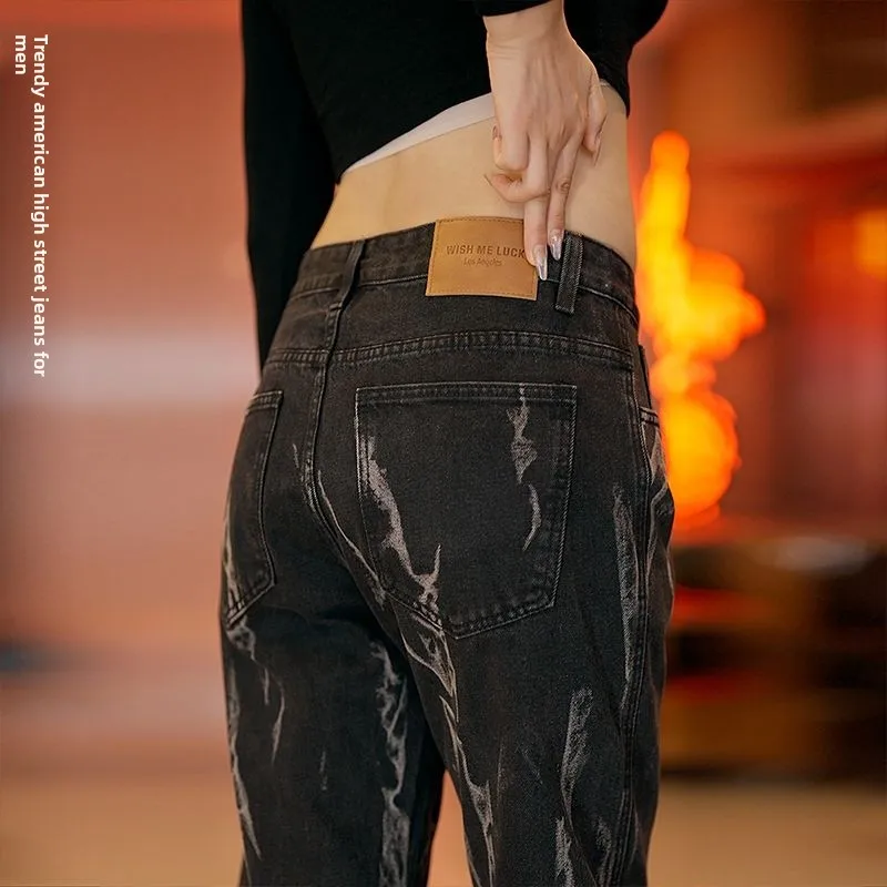 

American Sle Men's Bla Denim Jeans Autumn Seasonal Dyed Casual Long Pants Trendy Vintage Straight Leg Wide Leg Trousers